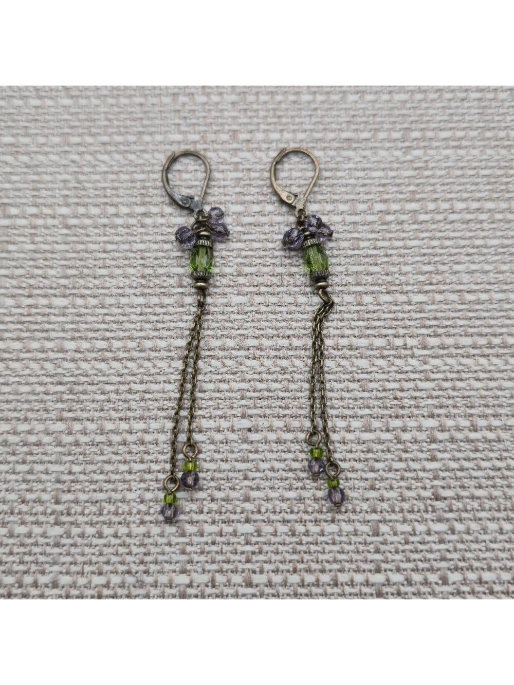 Vintage Bronze Purple and Green Crystal Long Chain Tassel Dangle Earrings A8620